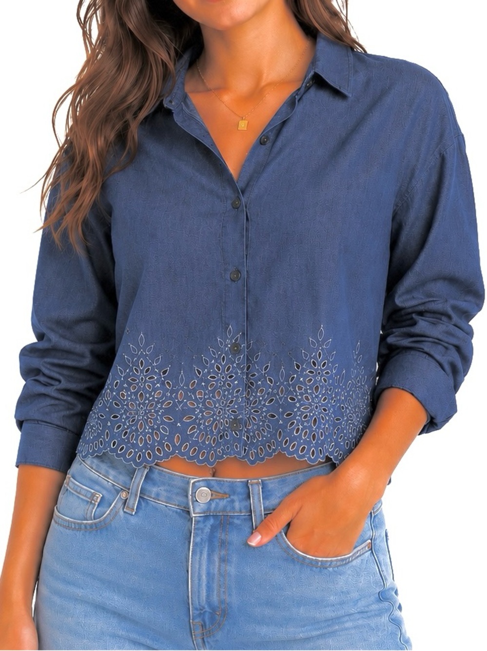 Zara blue embroidered cropped button down shirt women’s XS